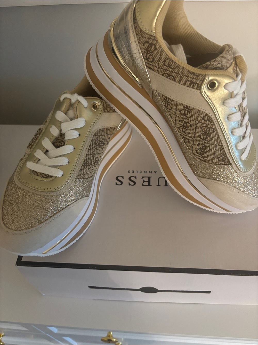 Guess Women's Gold Glitter & Cream platform Logo Sneakers - Picture 2 of 3